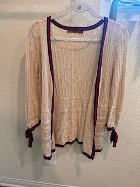 Baldinini Cream Knit Open Cardigan with Red and Black Trim